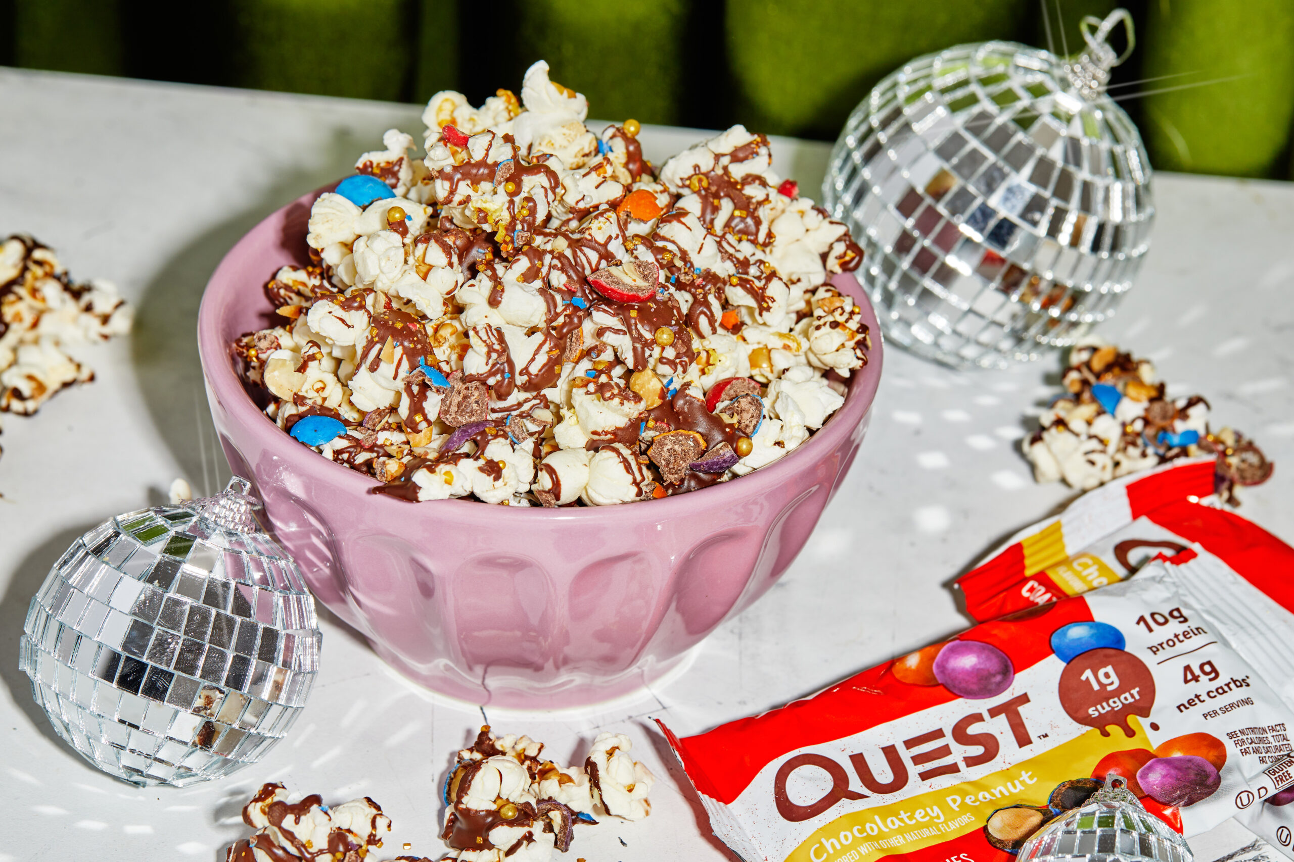 Quest December 2023 recipe images, Week 4 NYE Coated Candy Popcorn