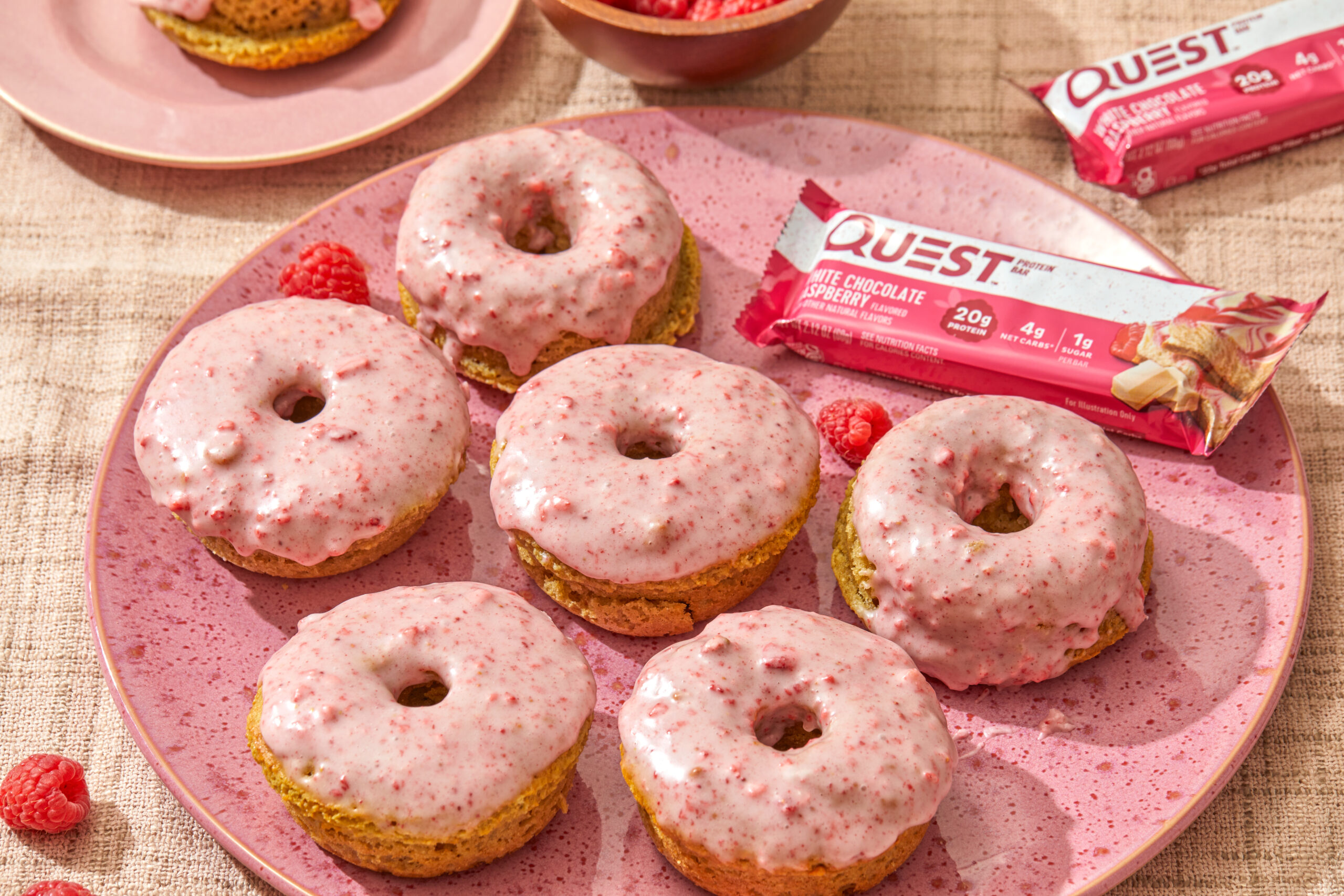 Quest June 2024 Recipe Images, June W1 White Chocolate Raspberry Donuts