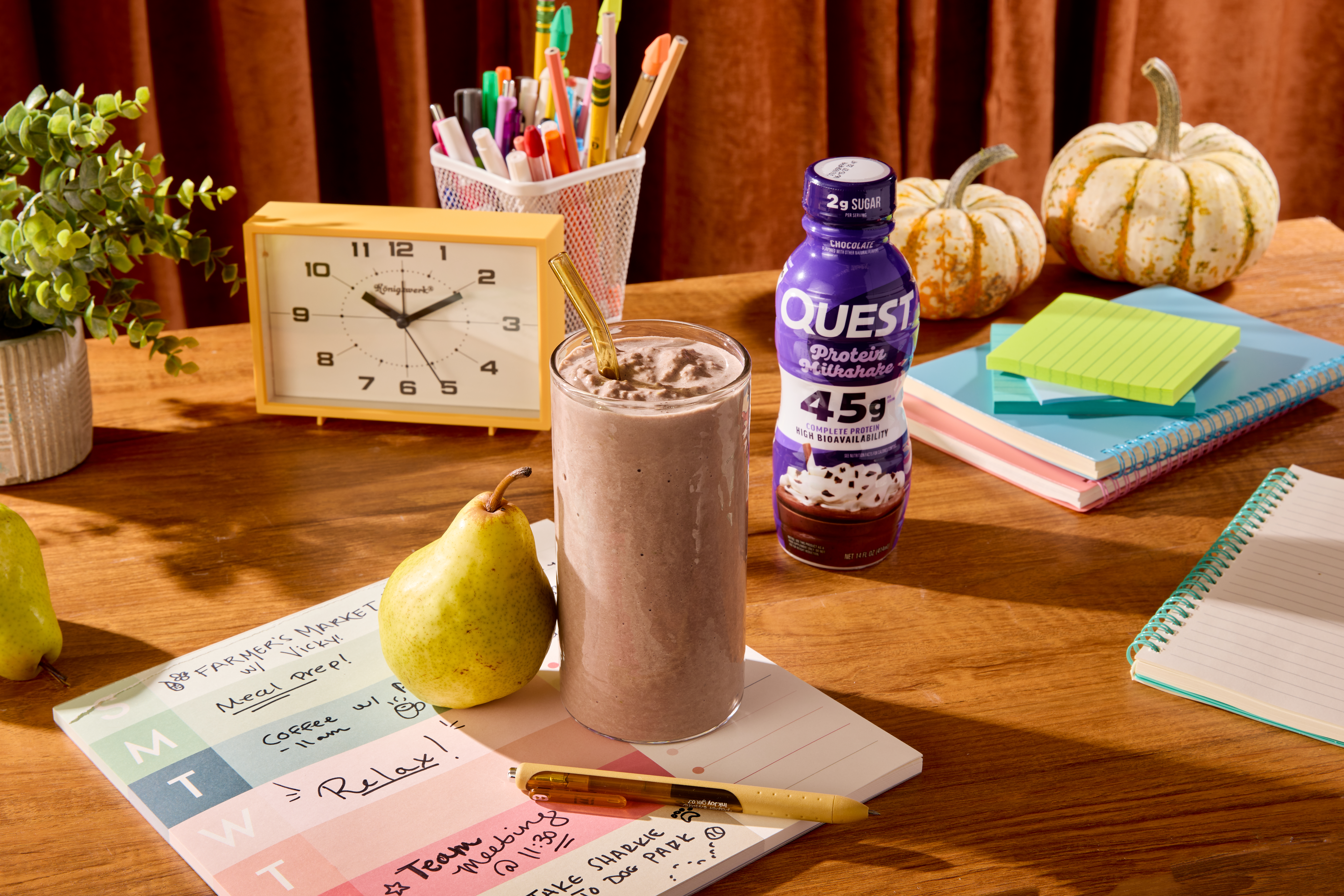 Quest October 2026 Recipe images, W1 Fall Pear Chocolate Milkshake Smoothie